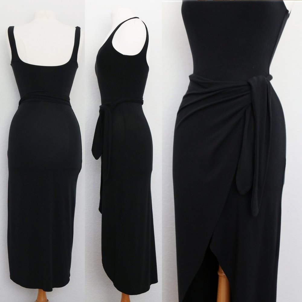 Aritzia Wilfred Saturn Midi Dress Black Square Neck Soft Stretchy Midi Wrap XS - Picture 10 of 12